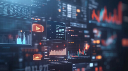 A colorful 3D business background surrounded by digital marketing icons, business concept abstract background with various geometric elements, Budget and financial Online Management System Interface.