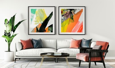 A beautifully designed living room features a contemporary sofa paired with a unique coffee table, showcasing vibrant abstract artworks in elegant frames, surrounded by lush greenery