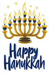 Happy Hanukkah banner card. Menorah with burning candles on white background for Hanukkah, Jewish holiday. Banner with the text "Happy Hanukkah" and candles, dreidel illustration