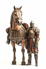 Fototapeta premium Armored knight stands beside a warhorse.