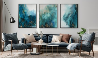 A beautifully designed living room showcases a stylish set of three picture frames displaying abstract art composed of calming blues and greens. The modern furniture invites relaxation and creativity