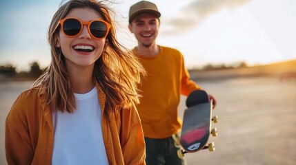 Two friends enjoy a sunset at the beach, one holding a skateboard and both smiling, capturing the carefree essence of friendship and youthfulness.