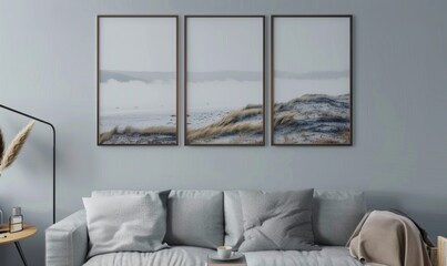 A contemporary living room setting features a cozy gray sofa adorned with soft cushions, highlighted by a set of three picture frames displaying tranquil landscapes