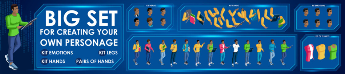 Isometric Black Man characters constructor for designed N5. Presentation in various action. Set of Students personages flat style illustration