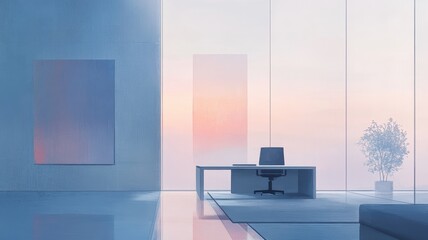 A serene, modern office space with large windows, minimal decor, and a calming color palette, showcasing a beautiful sunset.