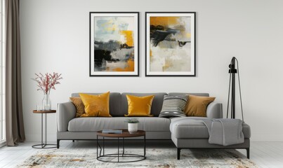 Cozy living room mockup showcases a sleek gray sofa adorned with mustard yellow cushions, modern framed artworks, and elegant decor elements creating a warm and inviting space