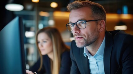 A modern professional man, with a serious expression and glasses, intensely focused on a computer screen, capturing the essence of dedication and innovation.