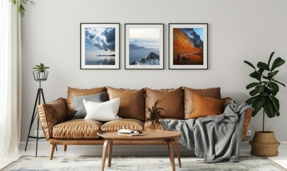 A beautifully arranged living room showcases a trio of framed artworks on the wall above a comfy brown sofa. Natural light streams in, enhancing the inviting atmosphere of the space