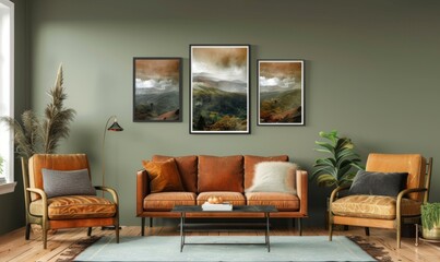 A stylish living room setup highlights comfort and beauty with a cozy sofa and matching armchairs. On the wall, three picture frames display tranquil landscapes, enhancing the serene atmosphere