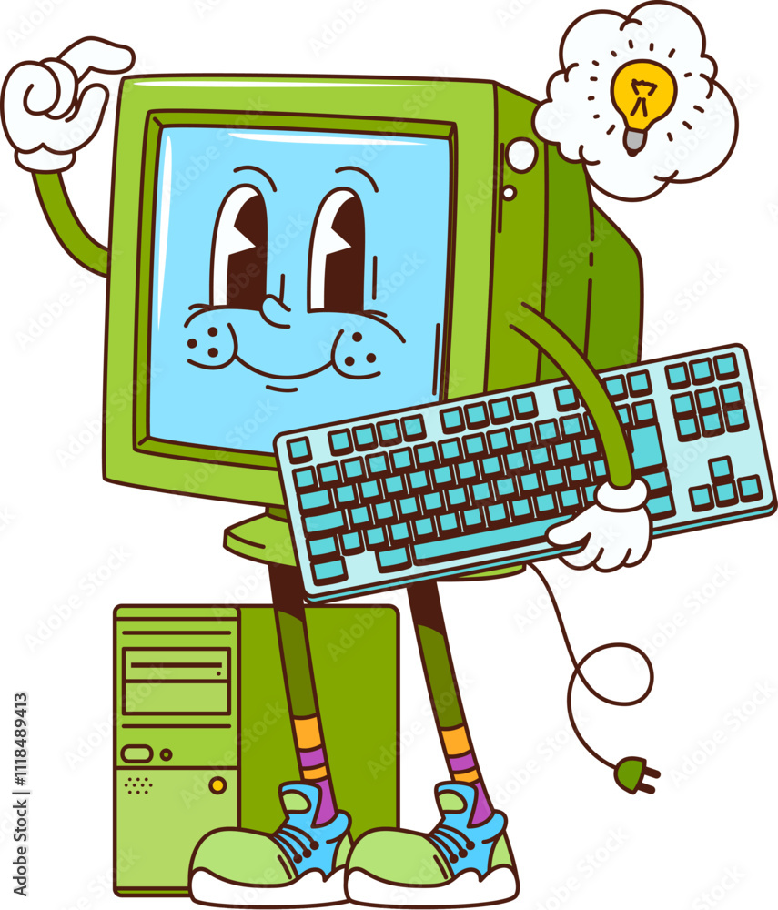 Fototapete retro groovy computer character. cartoon vector pc personage with light bulb cloud over the monitor 