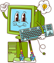 Retro groovy computer character. Cartoon vector pc personage with light bulb cloud over the monitor and keyboard in hands, capturing the nostalgic vibe of vintage electronics with its blue screen © Vector Tradition