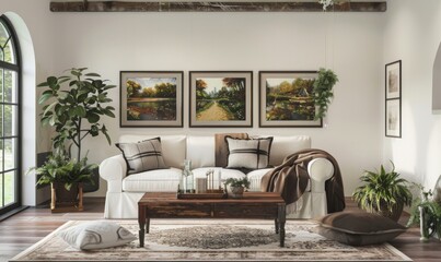 Stylish living room displays a combination of framed nature scenes above a comfortable sofa. Lush plants and decorative elements create an inviting atmosphere, perfect for relaxation and inspiration