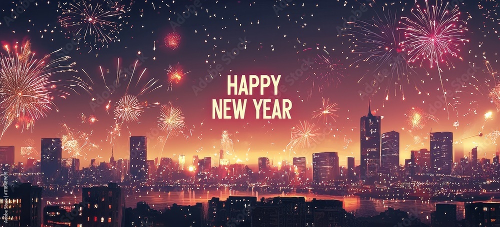 Poster a city skyline at night with fireworks illuminating the sky, creating an atmosphere of celebration a