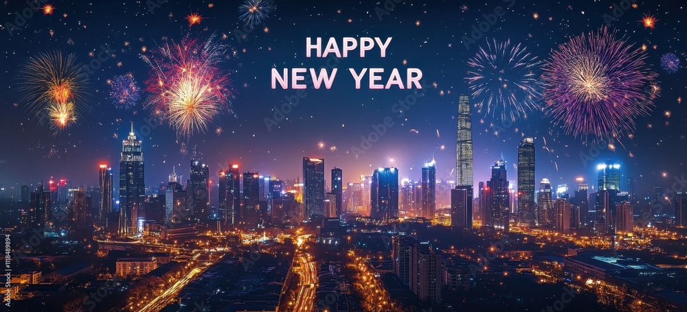 Poster a vibrant city skyline at night with fireworks illuminating the sky, creating an enchanting atmosphe