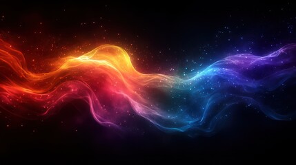 Abstract colorful energy wave with glowing particles on dark background.