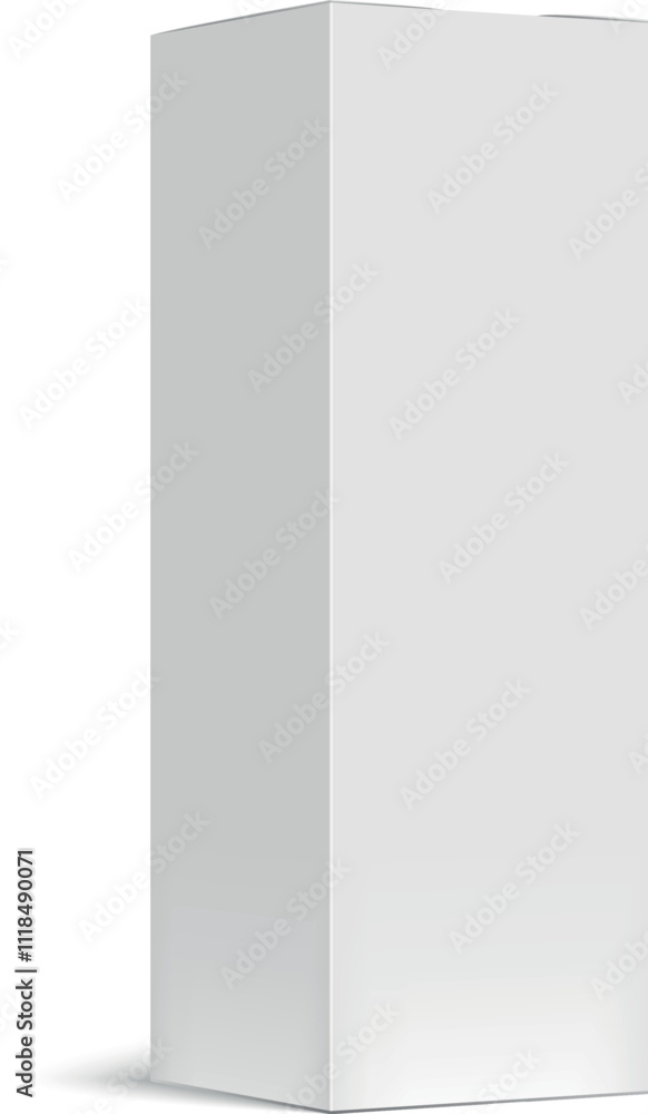 Poster realistic white cardboard packaging box mockup casting a soft shadow on a clean white background, id