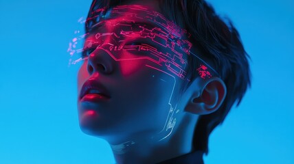 A futuristic portrait featuring a person with a digital overlay, illuminated by vibrant blue and pink lights, creating a cybernetic aesthetic.