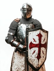 Fototapeta premium Armored knight, sword, shield, cross emblem.