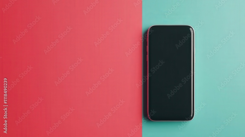 Poster spam call phone security concept. smartphone on a colorful background of red and turquoise.