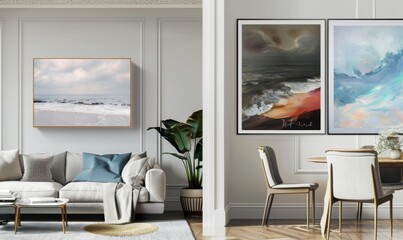 A beautifully arranged living room features a cozy sofa adorned with cushions, complemented by a trio of striking picture frames