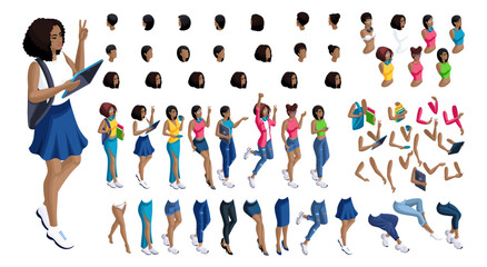 Isometric cartoon people, 3D Set for creating Black Student person. Full length gestures isolated, N6. Create your own design for vector