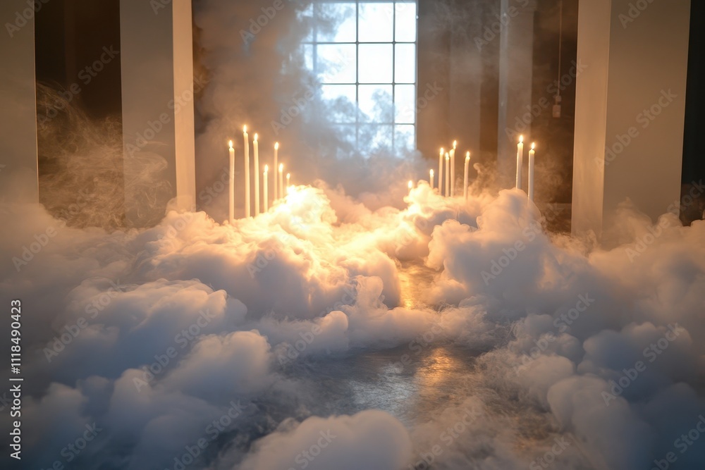 Poster a serene scene with fog and candles creating a mystical atmosphere.