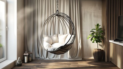 Sophisticated room design featuring a modern hanging chair, creating a cozy corner for relaxation and leisure