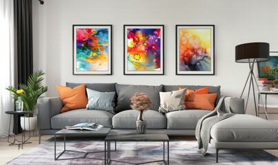This stylish living room features a set of vibrant picture frames on the wall, showcasing colorful abstract art that enhances the space’s warm and inviting atmosphere
