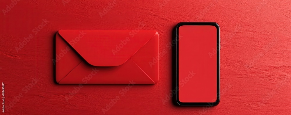 Poster spam call phone security concept. red envelope and smartphone on a textured red background.