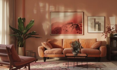 In this inviting living room mockup, tasteful picture frames adorn the walls, complementing the elegant orange sofa and warm, earthy decor. Natural light enhances the cozy ambiance