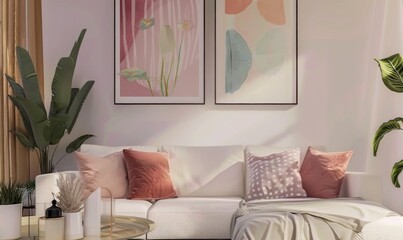A stylish living room features a soft white sofa with plush pillows, artistic picture frames on the wall, and indoor plants, all creating a serene ambience