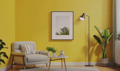 In a cozy living room, a sleek picture frame adorns the vibrant yellow wall, complementing modern furniture. A chic lamp and lush plants enhance the inviting atmosphere