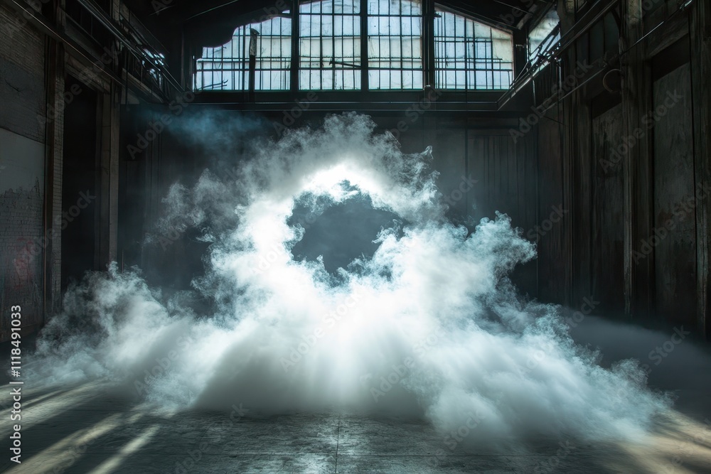Poster a mystical scene with fog creating a circular shape in an industrial space.
