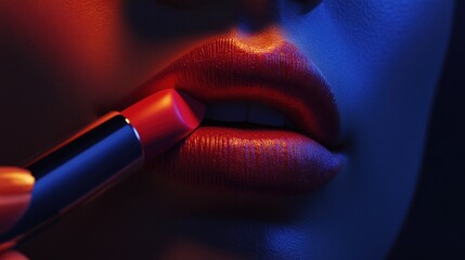Close-up of woman applying red lipstick under vibrant lighting.