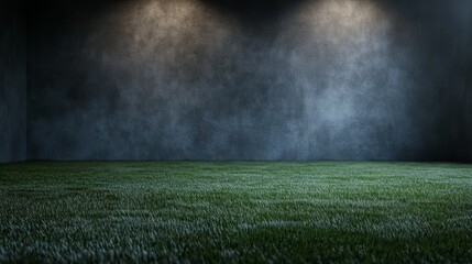 Moody green field with spotlights and dark textured wall background.
