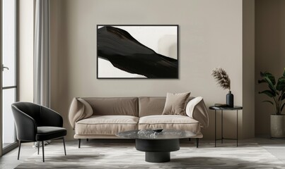 A beautifully designed living room showcases a chic picture frame hanging on the wall above a comfortable sofa
