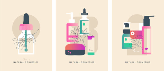 Natural organic cosmetic posters set. Bottles, jars, tubes of lotion, cream, scrub, serum, gel in bright color eco friendly packaging. Flat vector cartoon illustration.