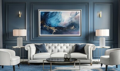 This living room exudes sophistication with a beautiful picture frame showcasing abstract art above a plush sofa. The serene color palette enhances the elegant ambiance of the space