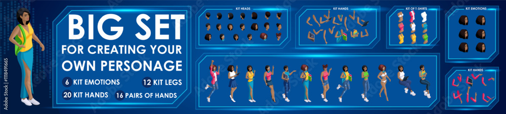 Poster isometric woman black characters constructor for designed n7. presentation in various action. set of