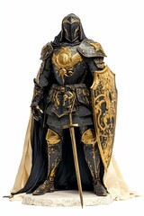 Fototapeta premium Ornate gold and black armored figure, sword, shield.