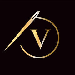Letter V Tailor Logo, Needle and Thread Logotype for Garment, Embroider, Textile, Fashion, Cloth, Fabric Sign