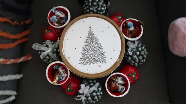 A festive cookie tin with a delicate pine tree design, surrounded by cheerful holiday decorations and sweet treats. Perfect for adding joy and warmth to the holiday atmosphere.