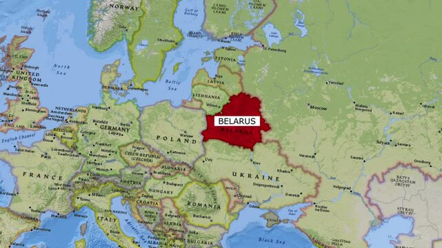 Belarus Map Zooming In Revealing Country Location in Eastern Europe
