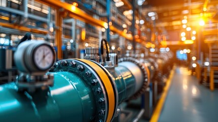 Fototapeta premium Industrial Facility: Teal Pipes and Gauges in a Factory Setting