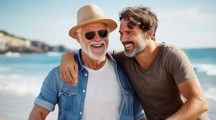 A father and son duo enjoy each other's company at the beach, both in casual attire with the older man wearing a hat, radiating warmth and affection by the shore.