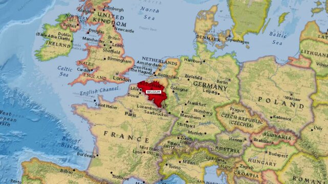 Belgium Map Zooming In Revealing Country Location in Western Europe
