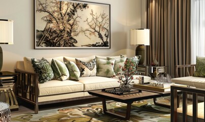 In this serene living room, a beautifully arranged picture frame mockup takes center stage above a plush sofa, surrounded by elegant decor and soft lighting, creating a warm ambiance