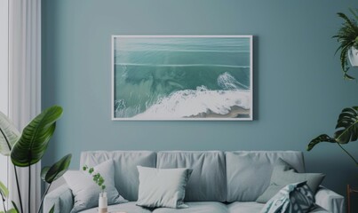 A stylish living room features a picture frame showcasing calming ocean waves, set against a soothing teal wall. Soft cushions and green plants add comfort and elegance