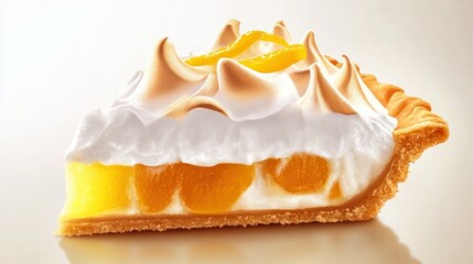 A slice of lemon meringue pie showcasing layers of fruit, cream, and golden meringue peaks.