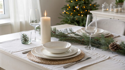 Fototapeta premium Elegant minimalist holiday dinner table setting with candles and Scandinavian decor